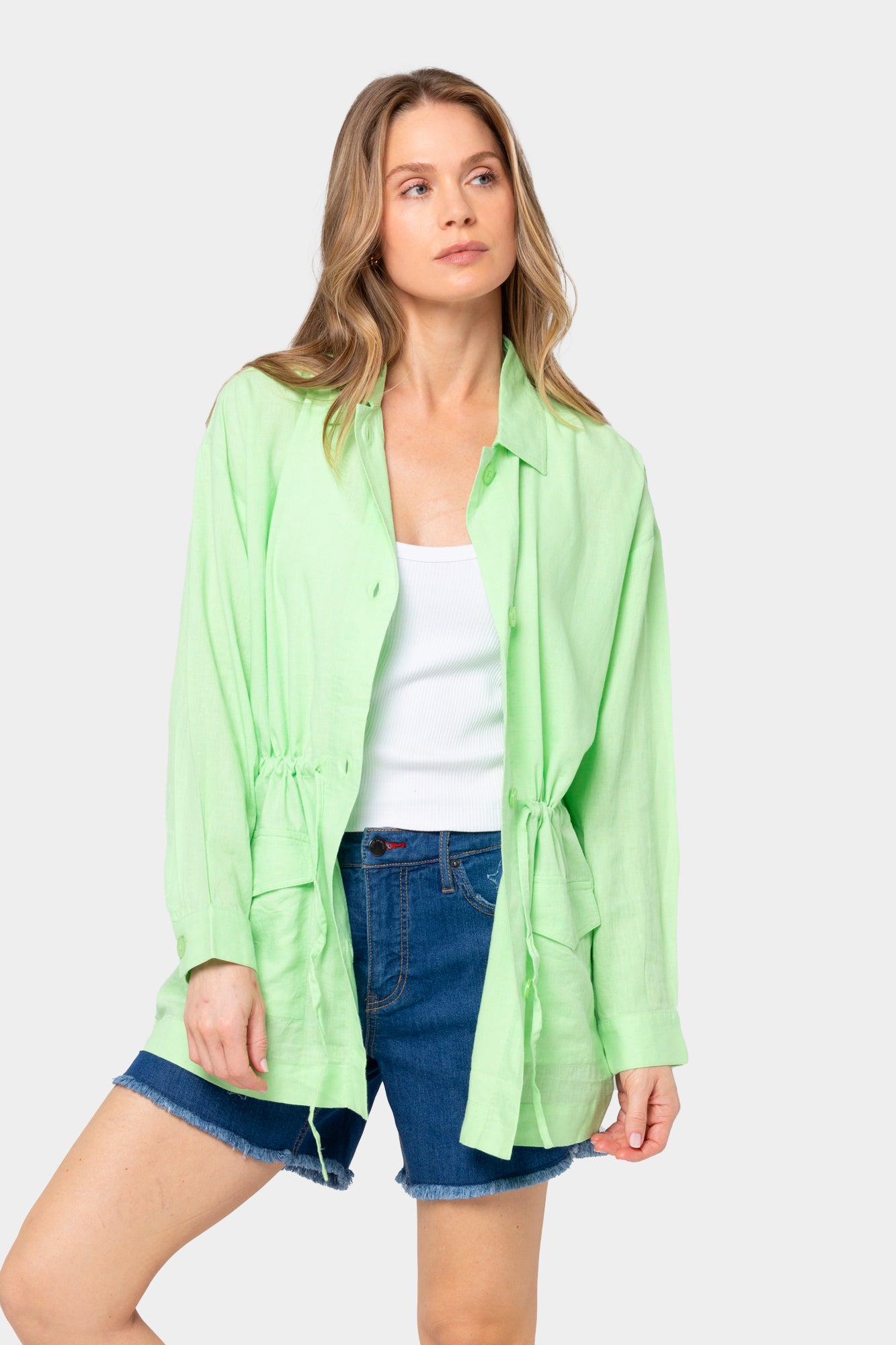 The Great. Green Zip Up Long Sleeve Jacket shops Linen Blend