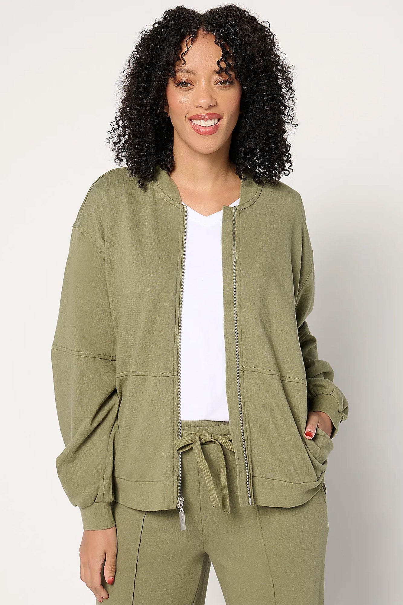 French Terry Zip-Front Bomber Jacket