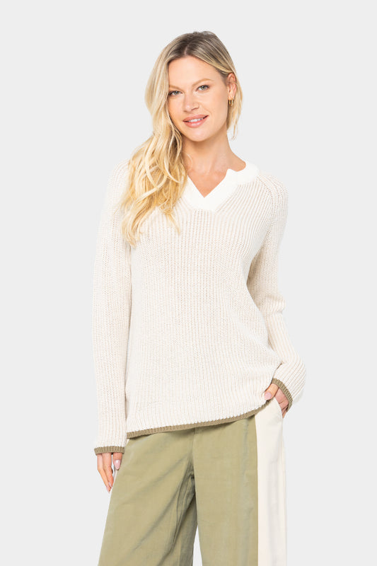 Two Color Split Neck Long Sleeve Sweater