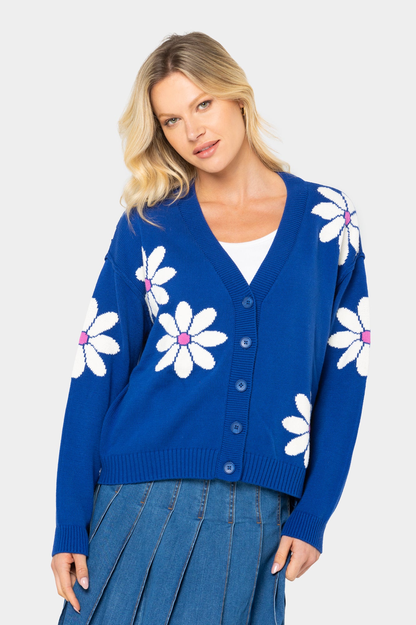 Flower Cardigan Sweater with Drop Shoulder