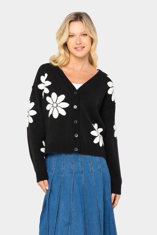 Flower Cardigan Sweater with Drop Shoulder