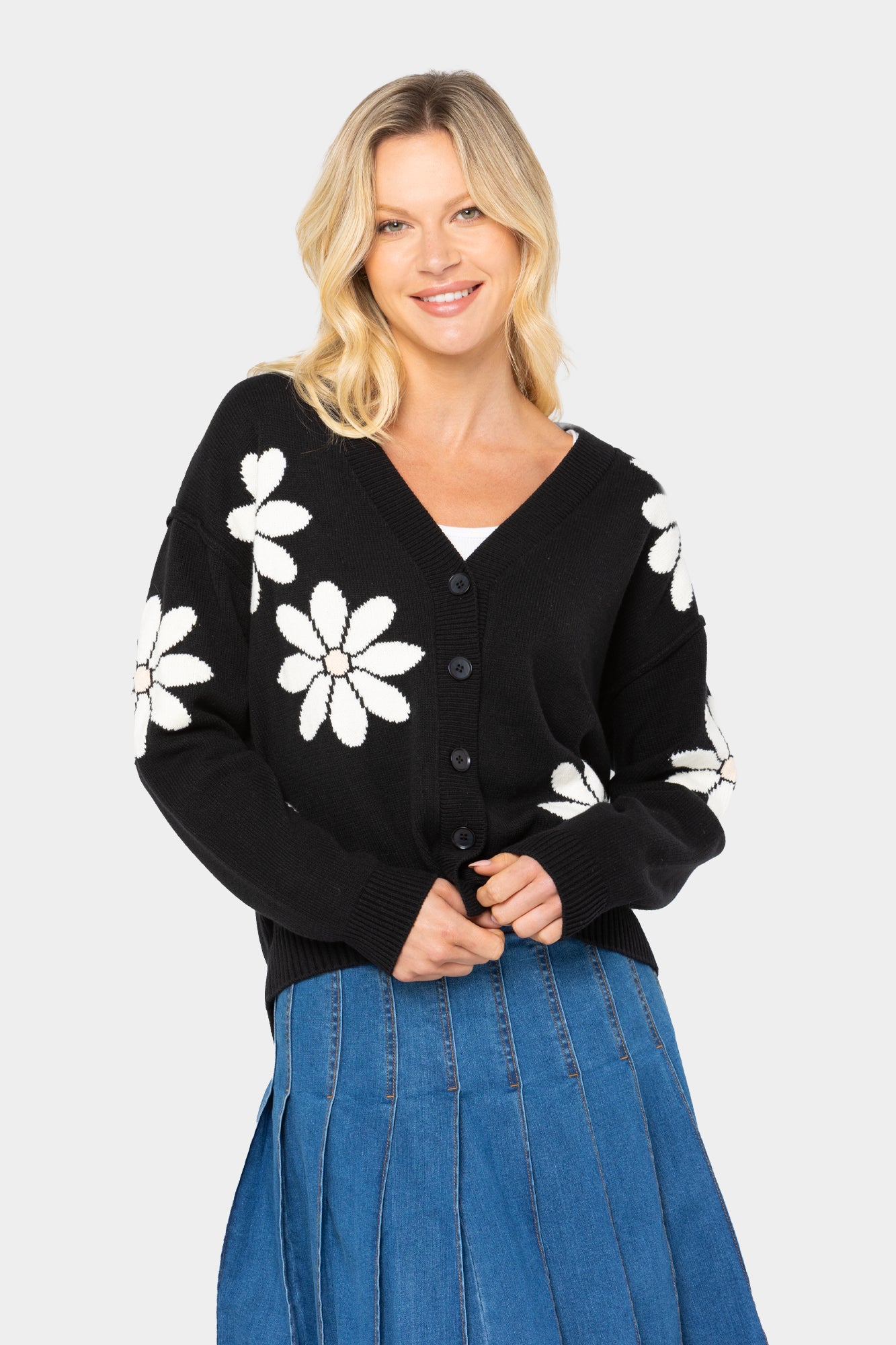 Flower Cardigan Sweater with Drop Shoulder