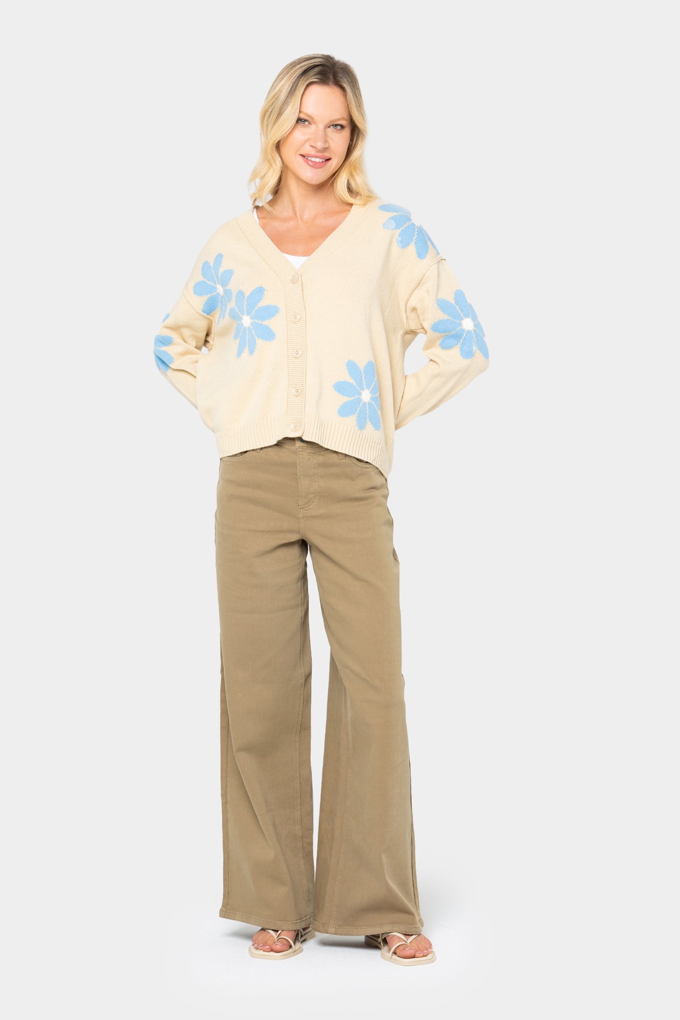 Flower Cardigan Sweater with Drop Shoulder