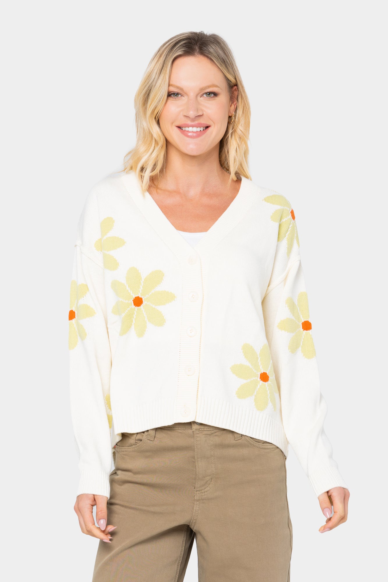 Flower Cardigan Sweater with Drop Shoulder