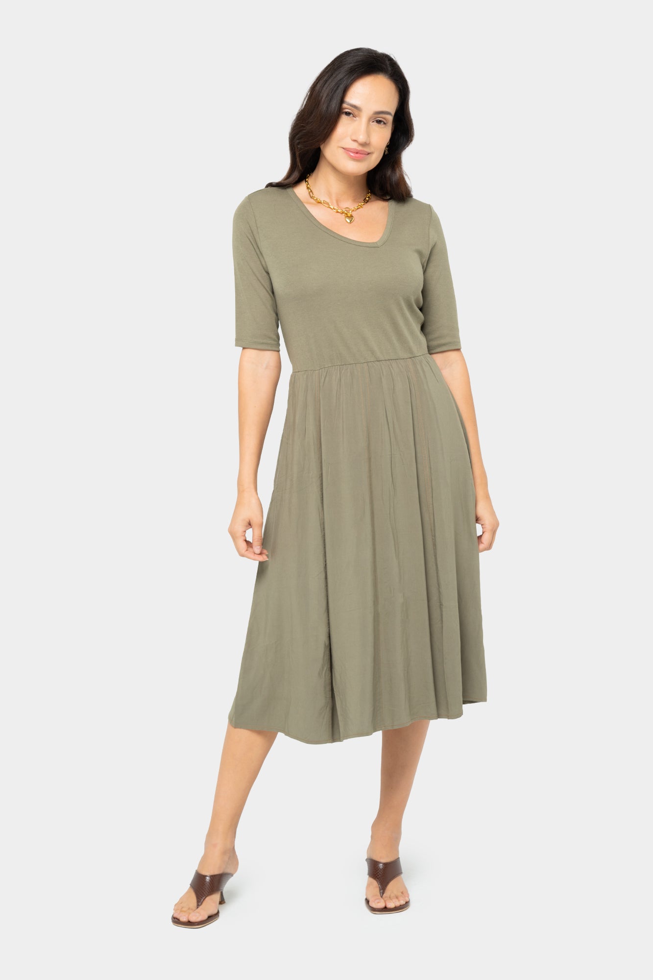 Knit to Woven Asymmetric V-Neck Dress