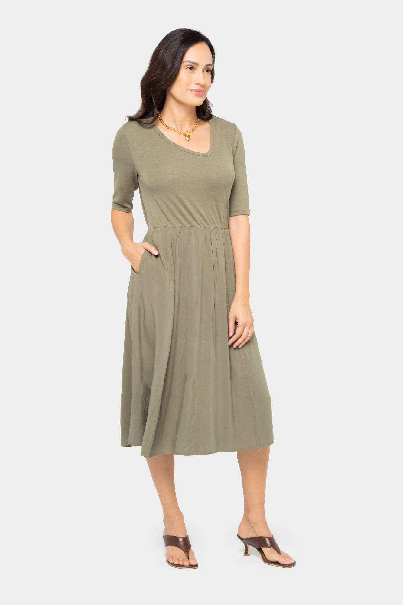 Knit to Woven Asymmetric V-Neck Dress