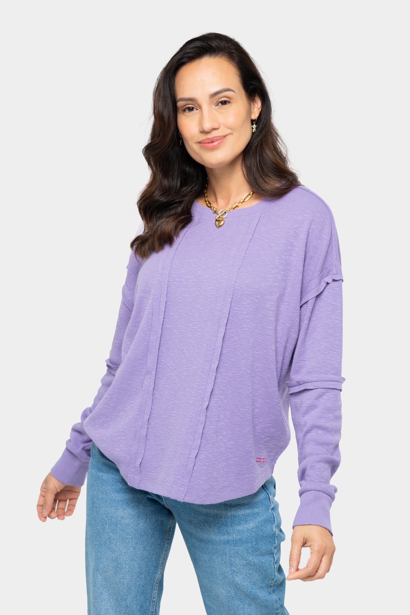 Cotton Slub Curved Hem Long Sleeve Top