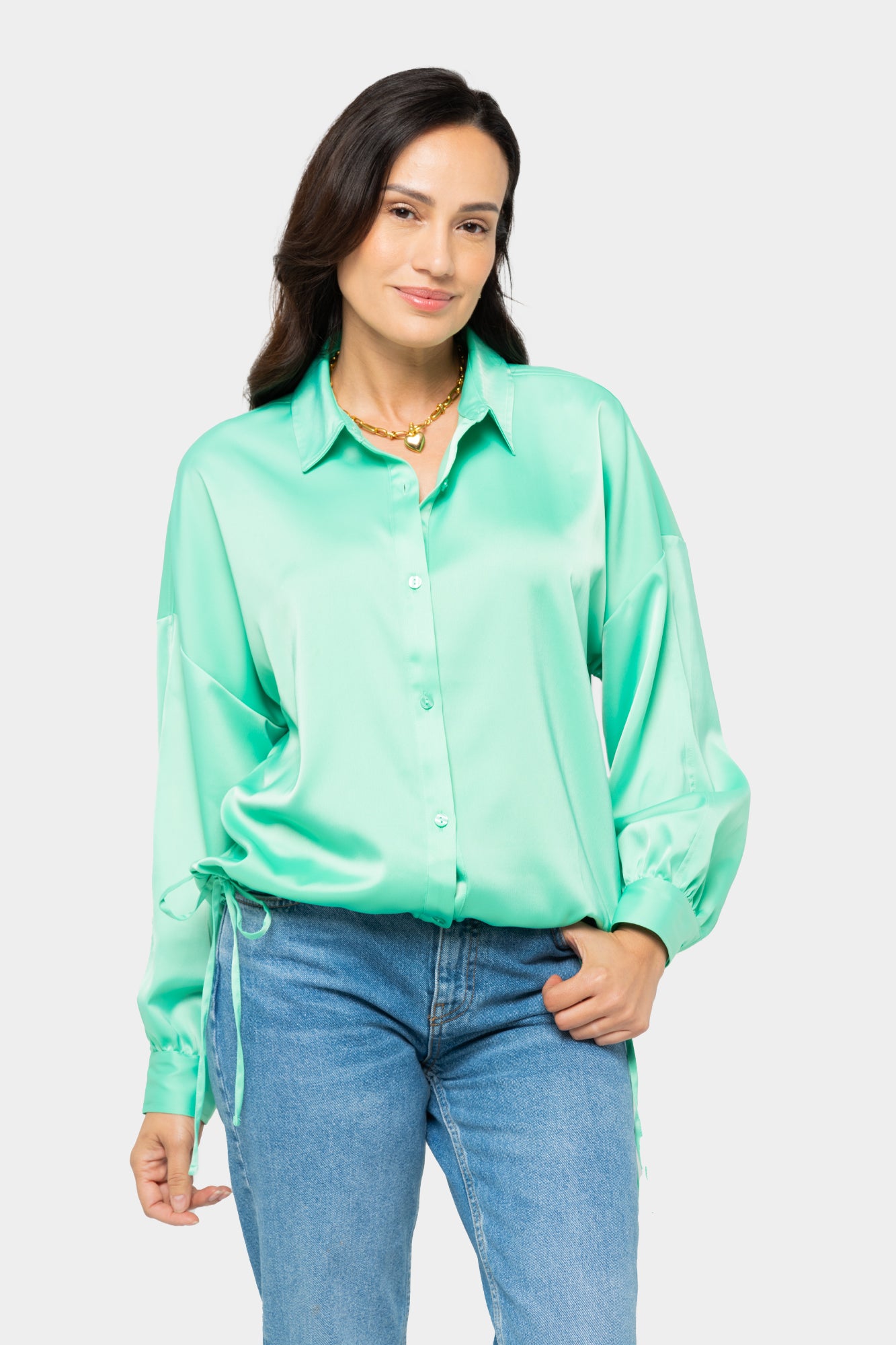 Satin Bubble Button Front Shirt