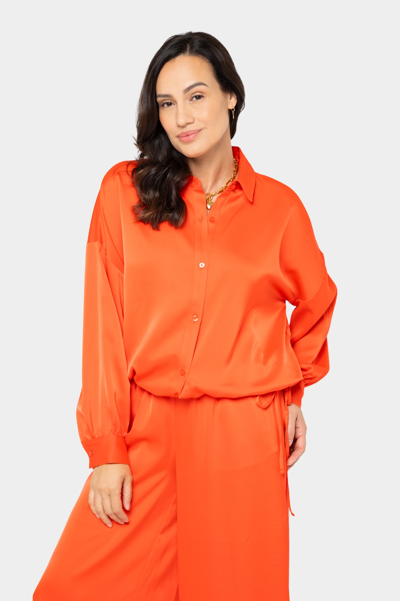 Satin Bubble Button Front Shirt