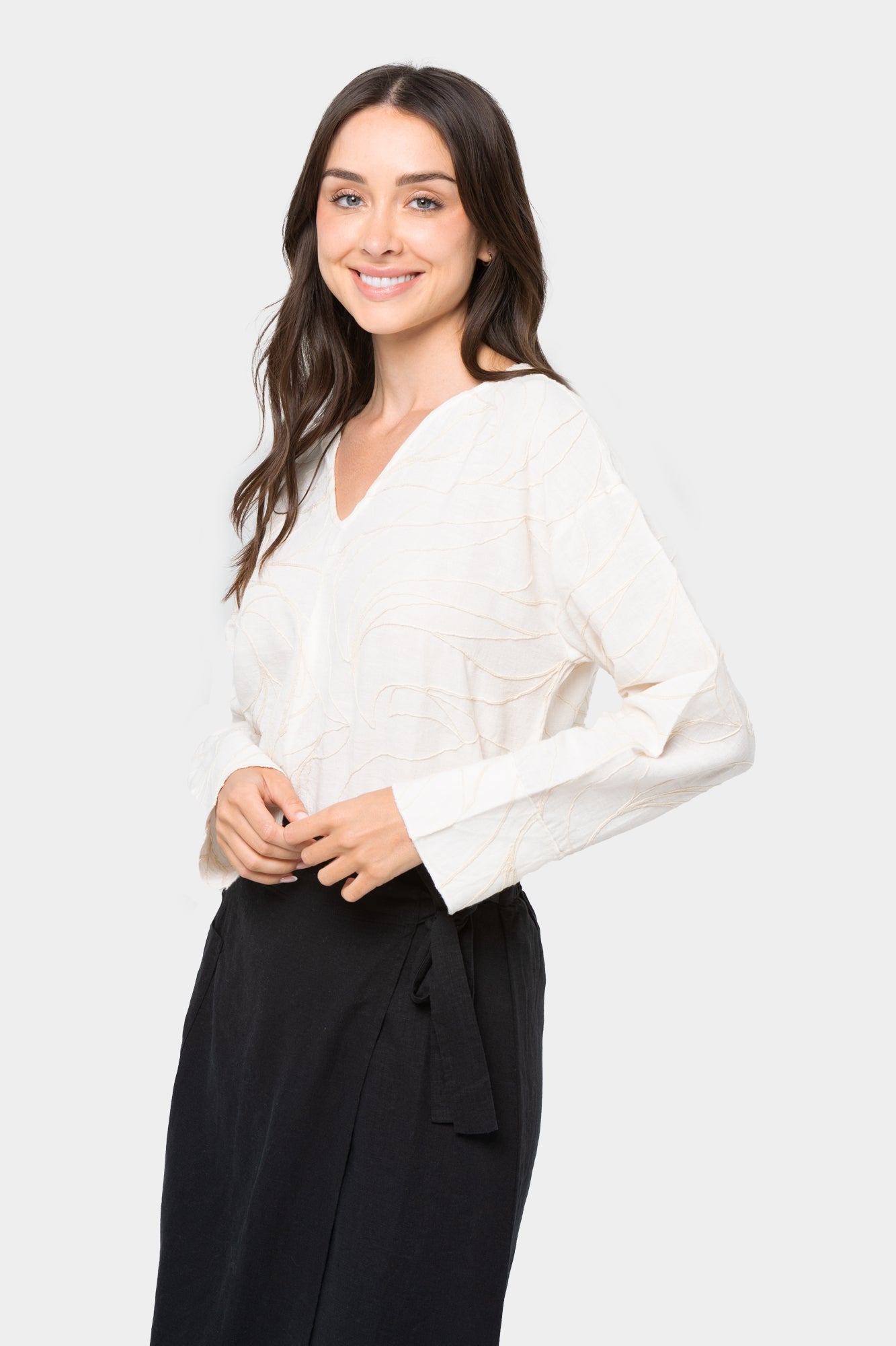 Embroidered Open V-Neck Top