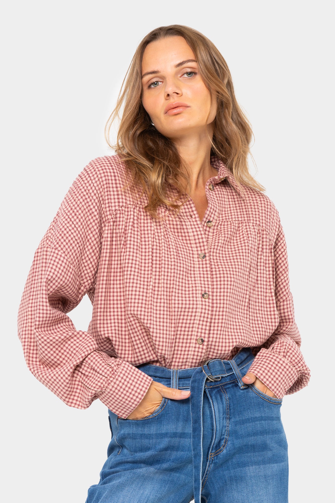 Boheme Check Plaid Button-Front with Pleat Details