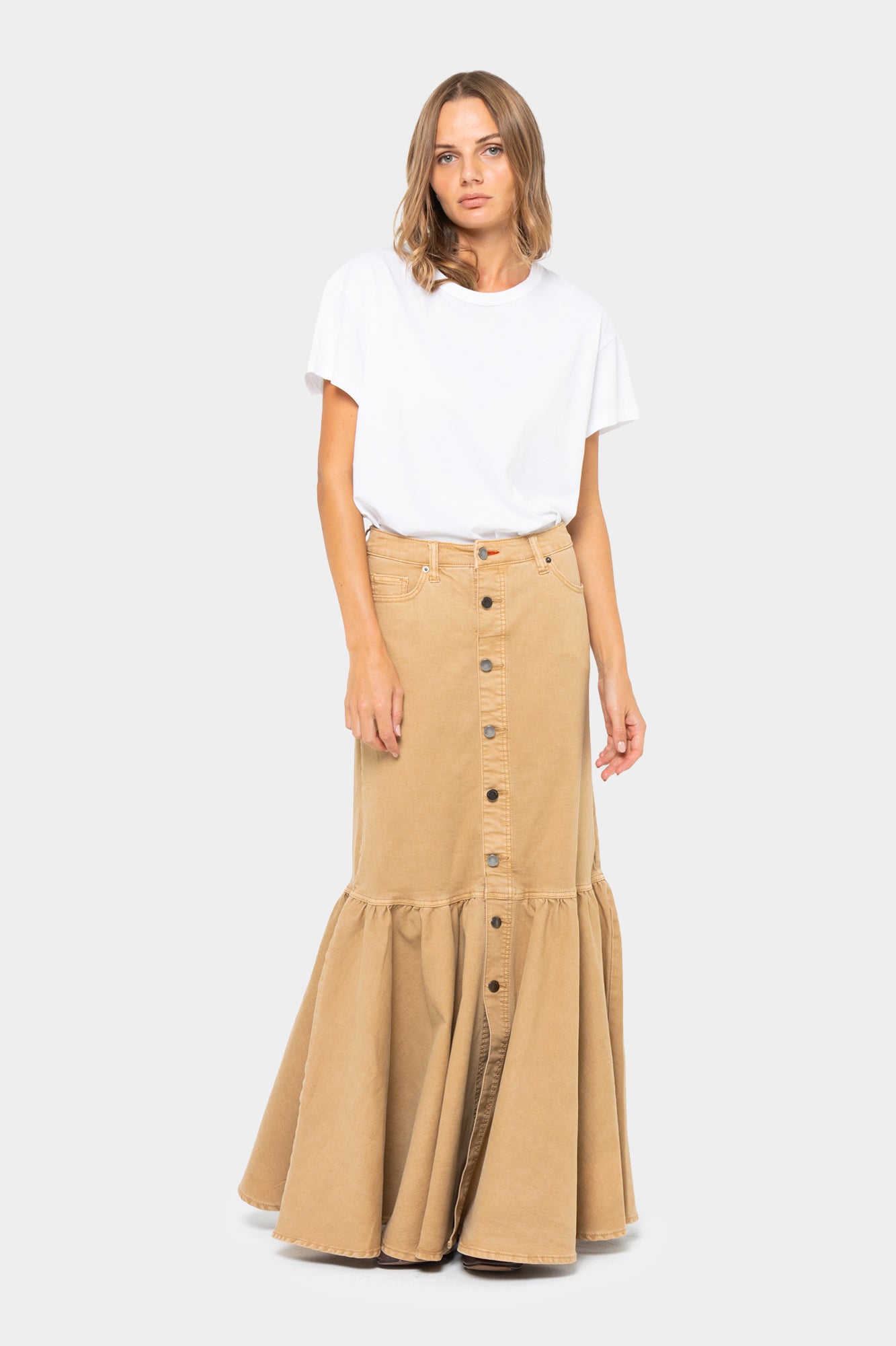 Boheme Denim Button Front Maxi Skirt