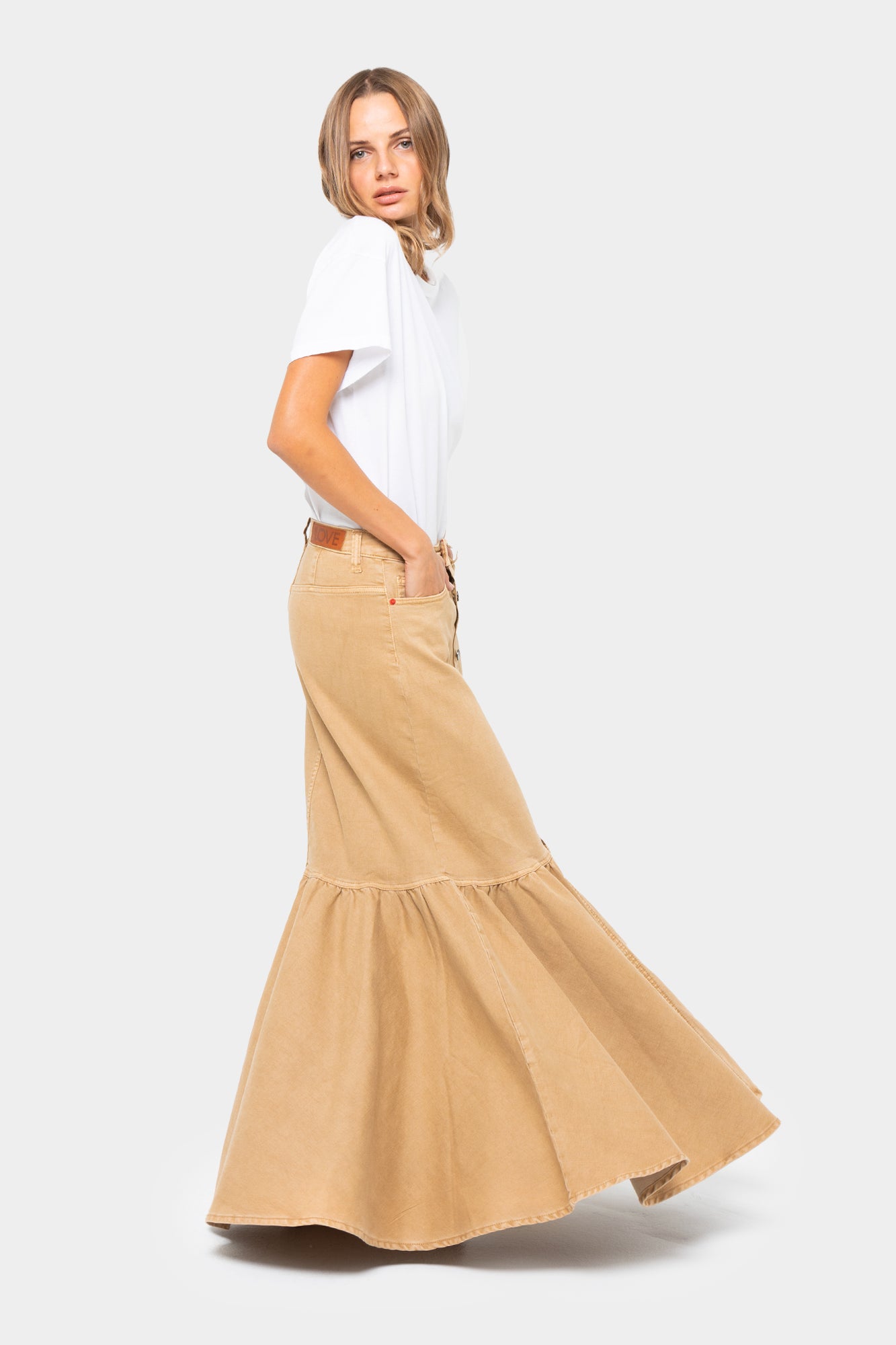 Boheme Denim Button Front Maxi Skirt