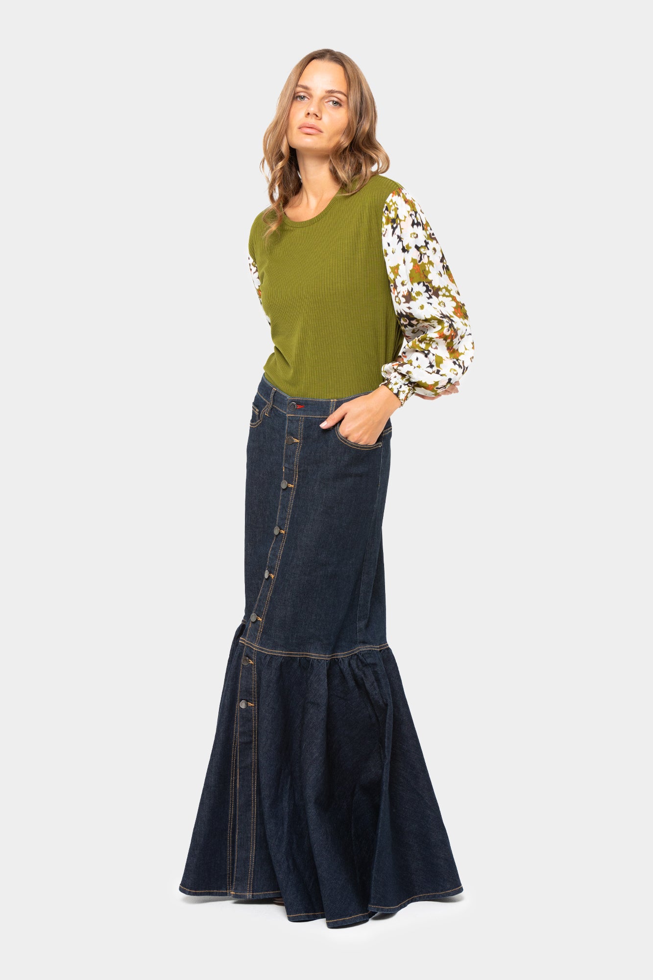 Boheme Denim Button Front Maxi Skirt