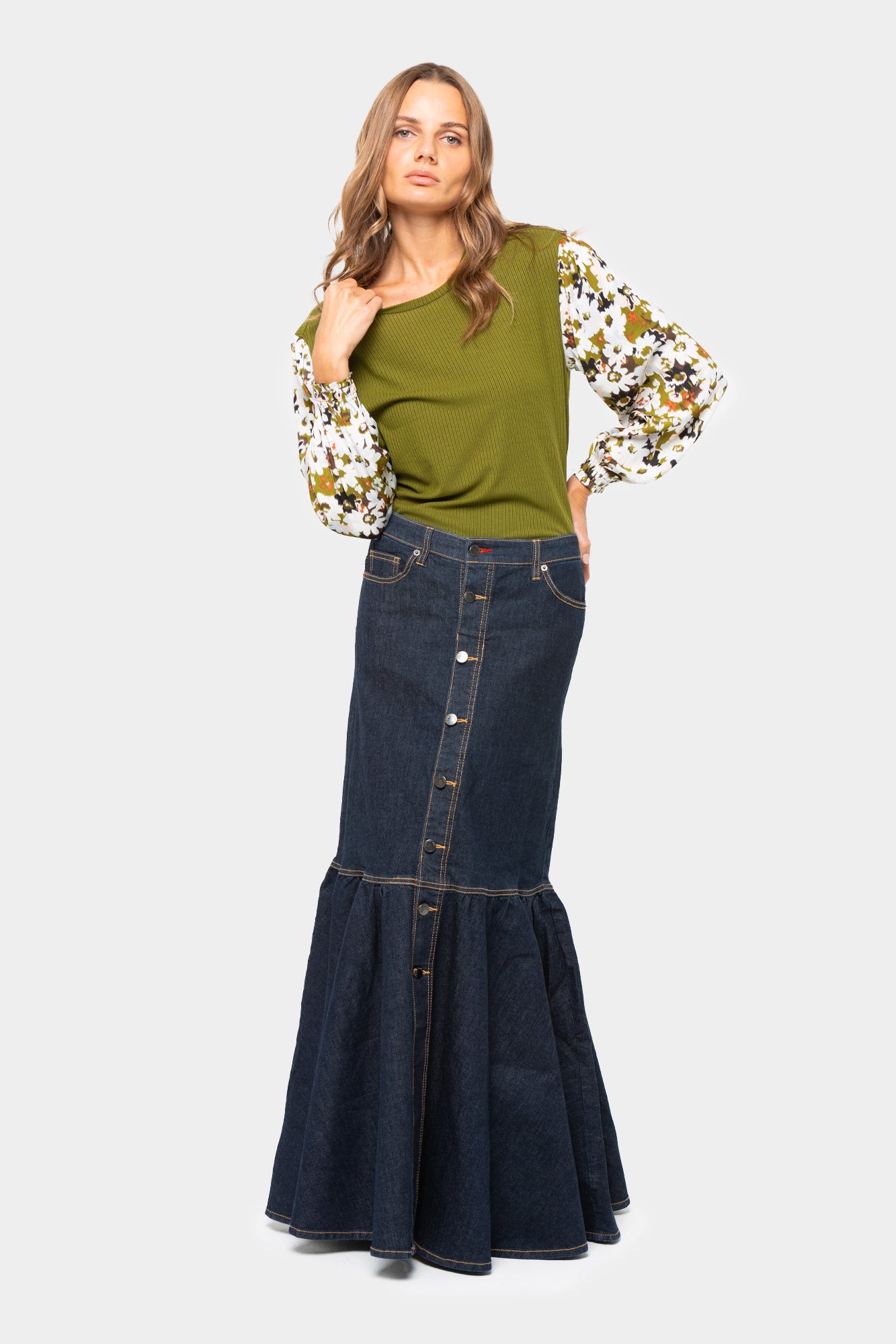 Boheme Denim Button Front Maxi Skirt