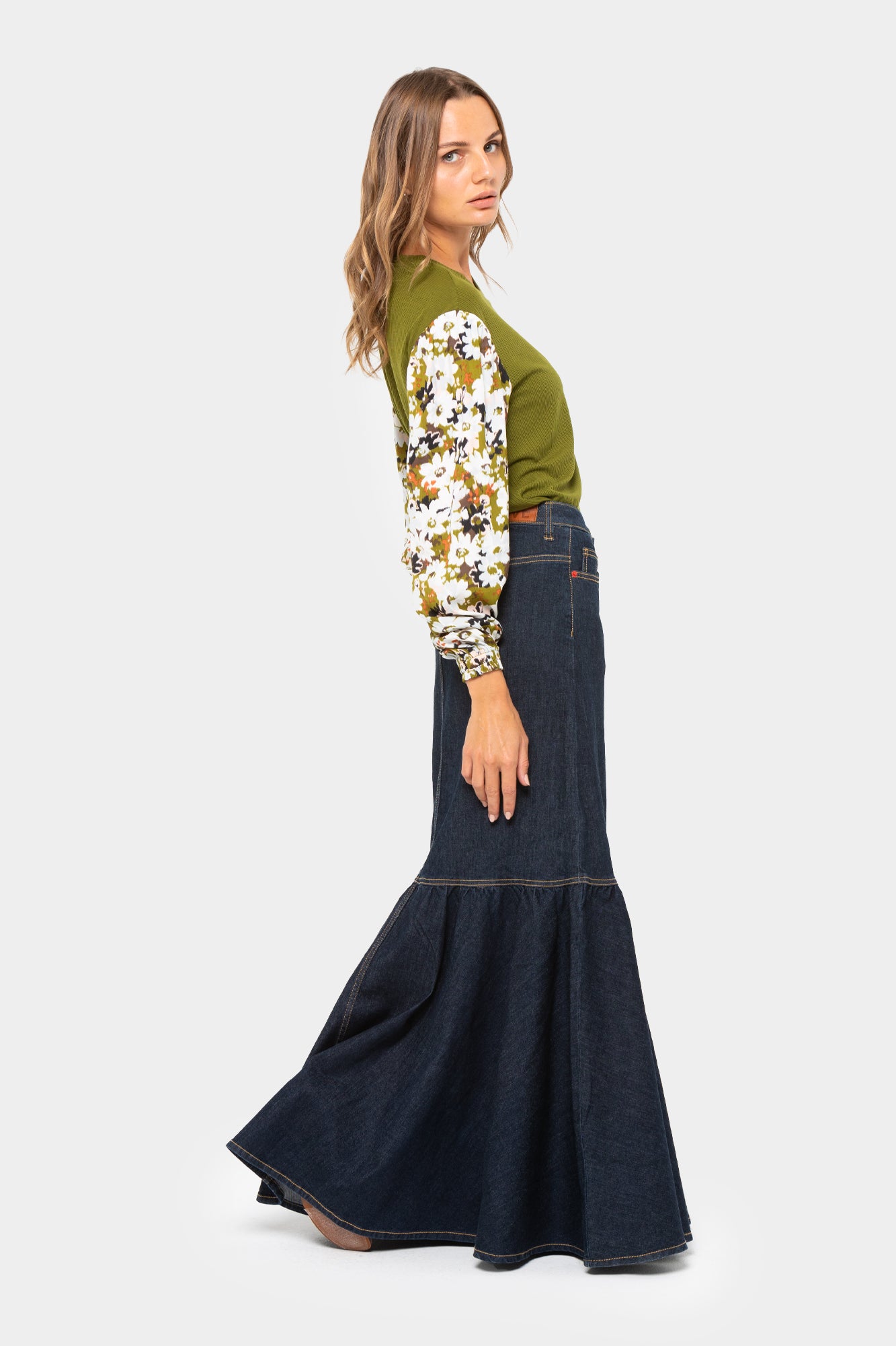 Boheme Denim Button Front Maxi Skirt