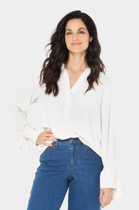 Y-Neck Pullover Blouse with Bow Sleeve Detail