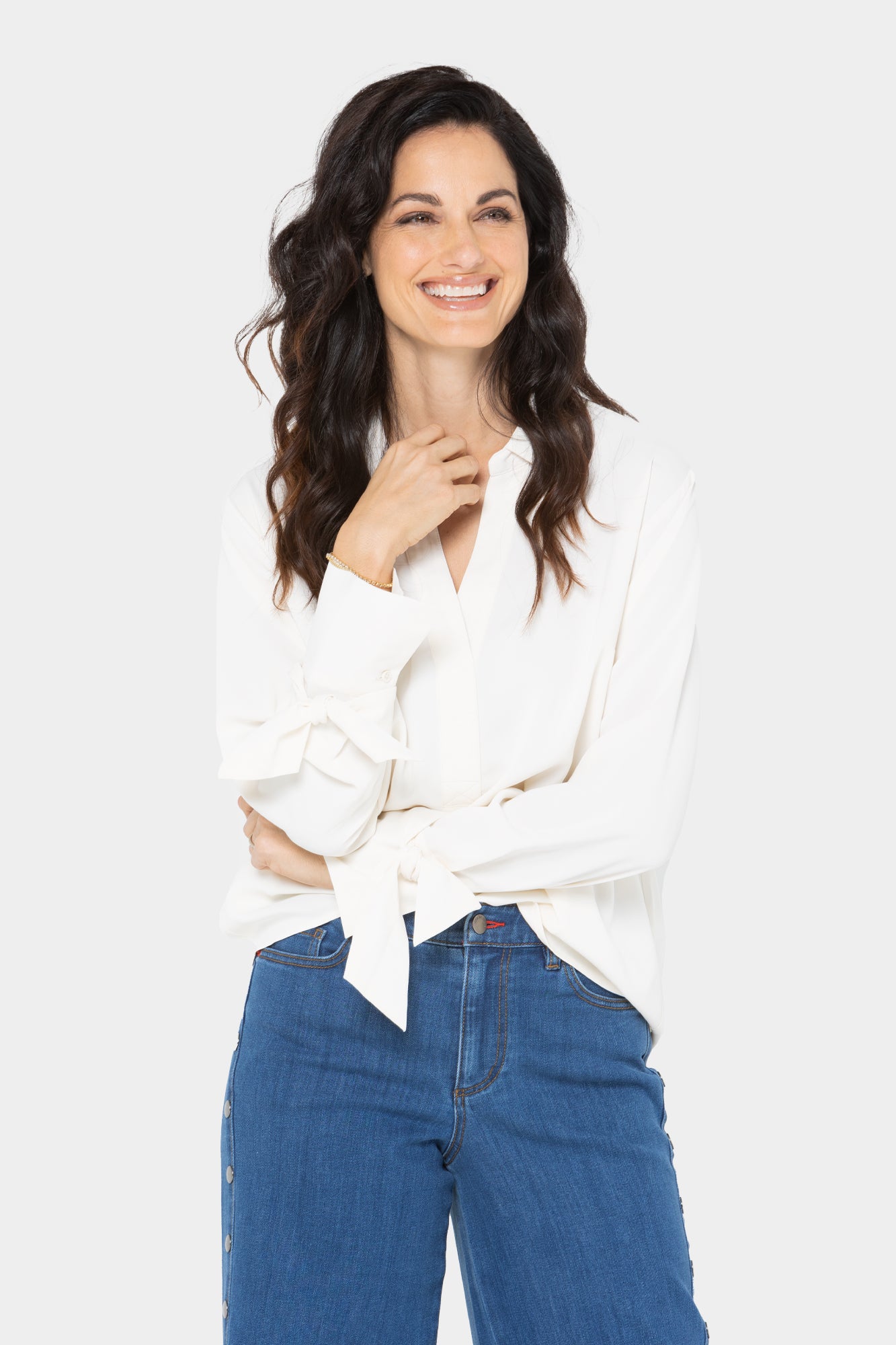 Y-Neck Pullover Blouse with Bow Sleeve Detail