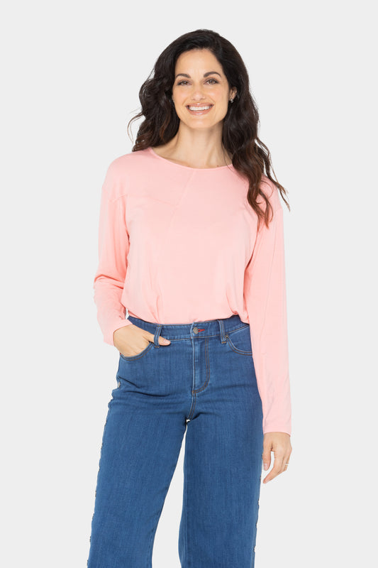 Asymmetrical Stitch Detail Long-Sleeve High Low Top