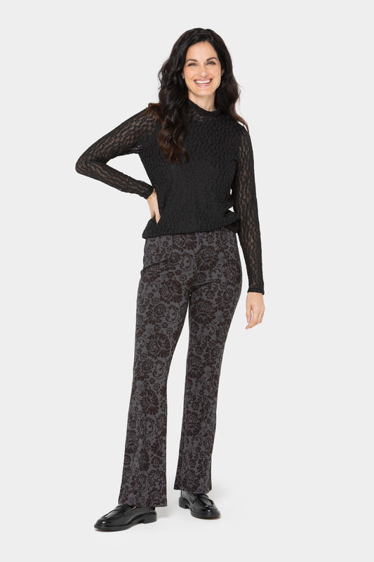 Printed Lace Flare Ponte Pants