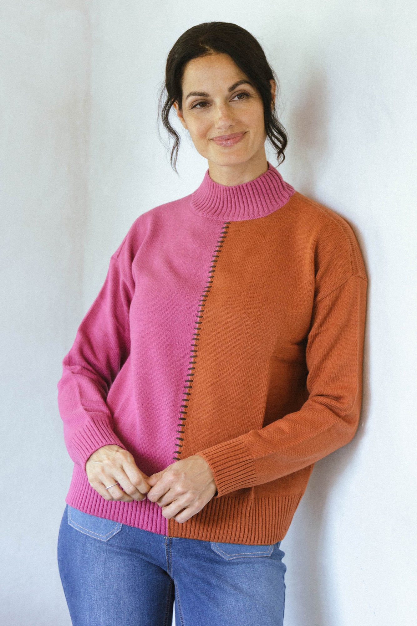 Split Color Mock Neck Pullover